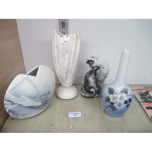 347 - Lot inc three decorative vases and soapstone cat figurine