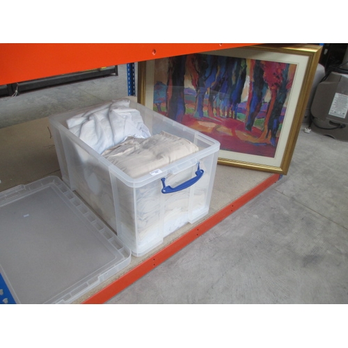 422 - Lot inc large framed print and large plastic storage box with lid containing bedding