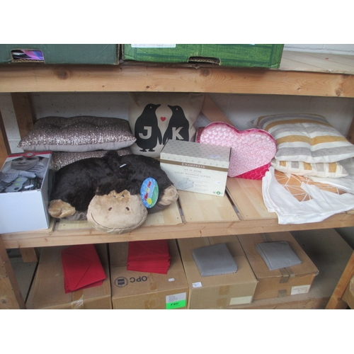 34 - Lot inc vibrating neck massager, Massaging slippers, cushion covers, pillow pet, and cushions