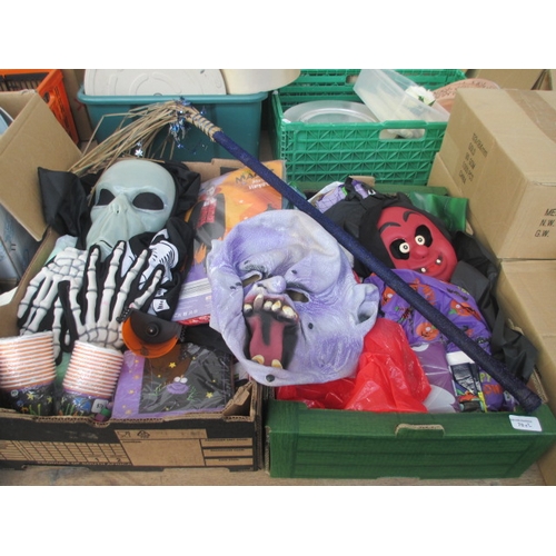 70 - Two boxes of Halloween props, costumes and tableware