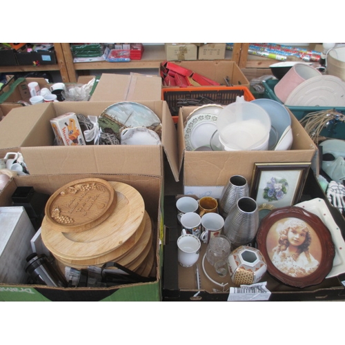 71 - Four boxes inc wooden plates, vases, decorative plates, mugs, etc