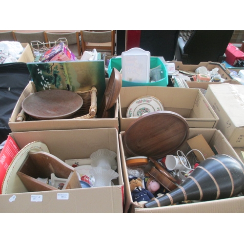 78 - Four boxes inc collectable china, wooden dishes, vase, wicker basket, soft toys, etc