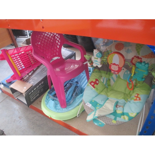 145 - Lot inc baby chair, kids shopping trolley and chair, etc