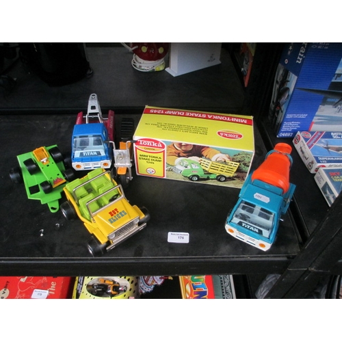 176 - Lot inc Mini Tonka Stake Dump, Titan Trucks, Buddy jeep and trailer, etc