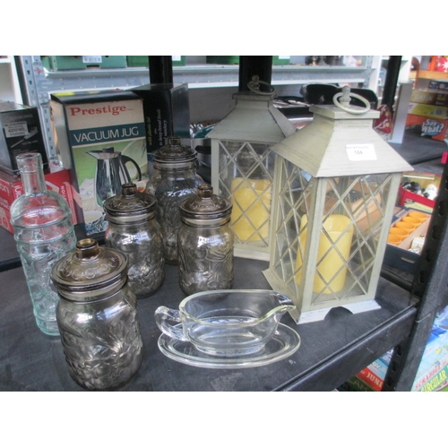 184 - Lot inc decorative glass jars, LED candle lanterns, etc