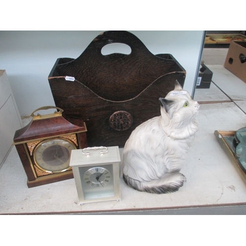 215 - Lot inc cat figurine, clocks and old magazine rack