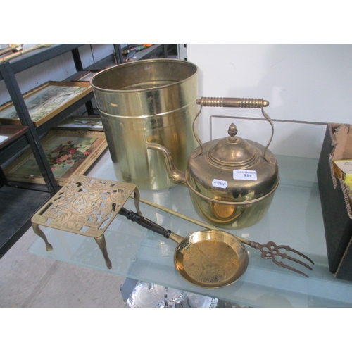 221 - Collection of brass items inc bin, kettle, stand, etc