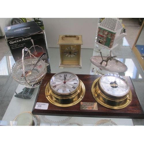 225 - Lot inc barometer, clock, silver plated dish, Queen Anne jam dish with spoon