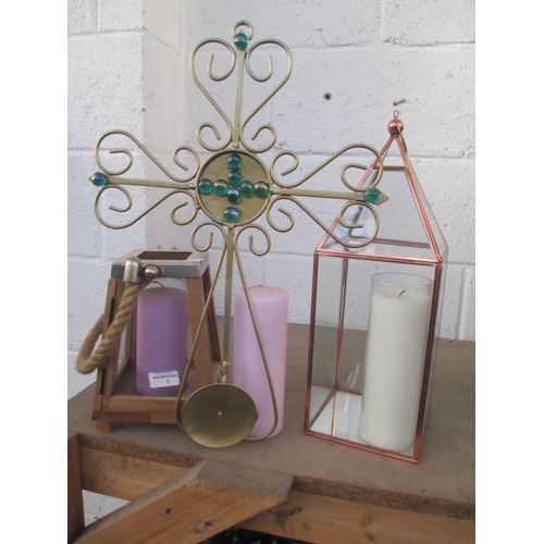 1 - Lot inc two candle lanterns, cross candle holder and candles