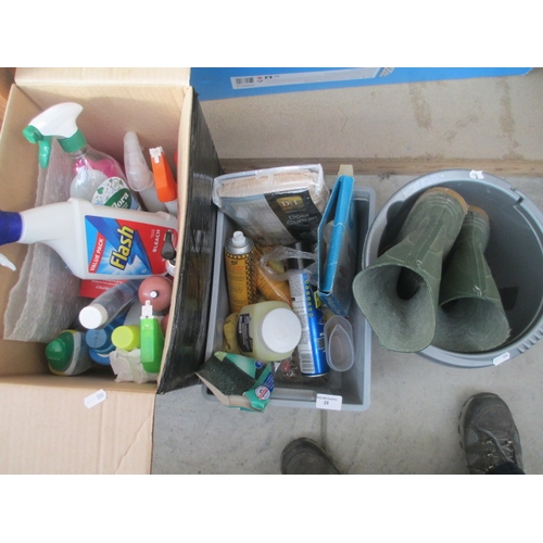 29 - Lot inc cleaning chemicals, door curtain, bucket and wellies