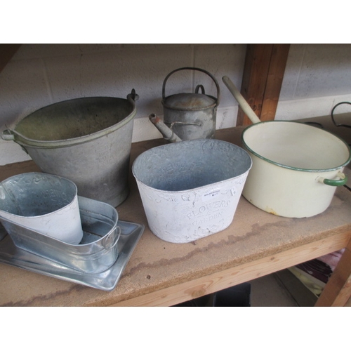 6 - Lot inc galvanised bucket and watering can, old enamel pot, etc