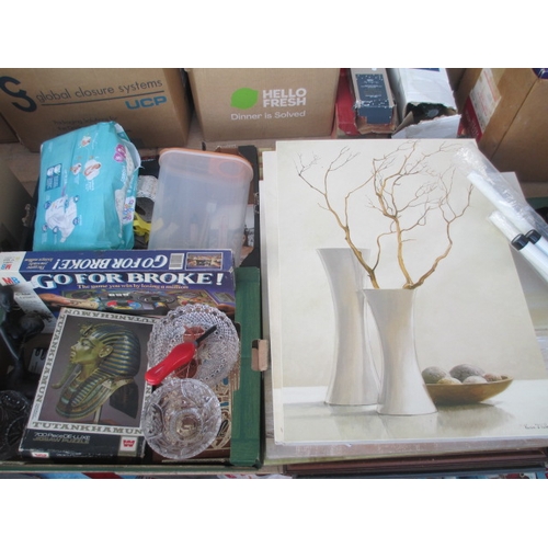 70 - Lot inc artwork, glassware, games, nappies, etc