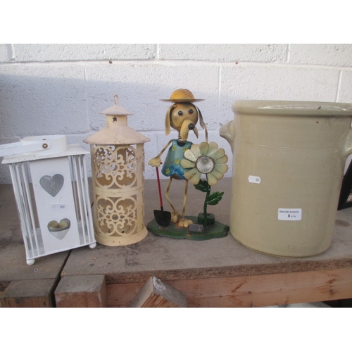 8 - Lot inc stoneware barrel, candle lanterns and garden ornament