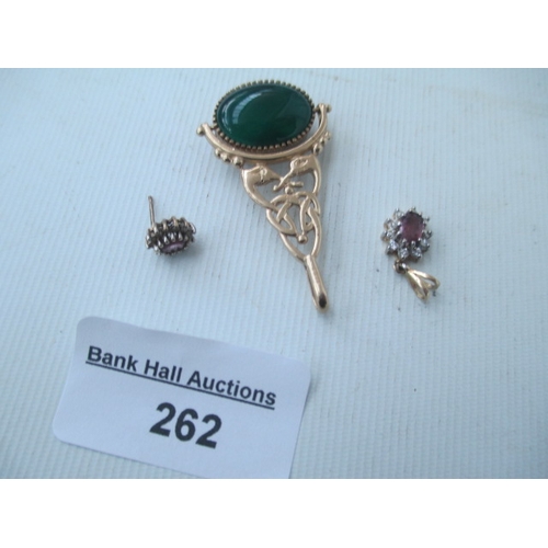 262 - Lot inc gold pendant with large gemstone and indistinguishable gold hallmark, 9ct gold earring and s... 