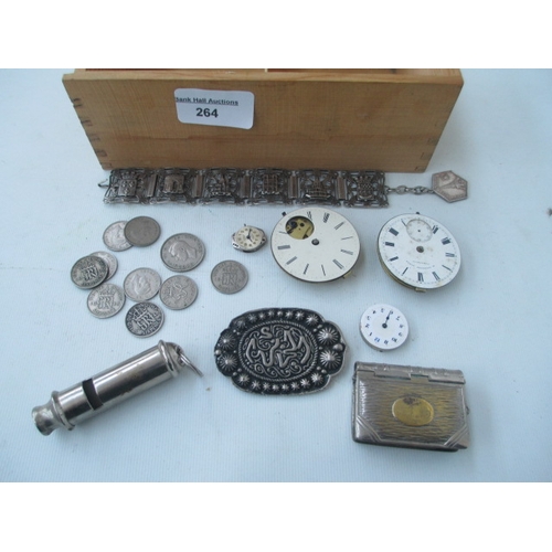 264 - Lot inc pocket watch faces, whistle, pewter brooch, bracelet, Six pence's