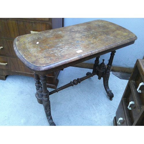 645 - An antique inlaid burr walnut side table on ornately carved twin pedestal frame - top for refinishin... 