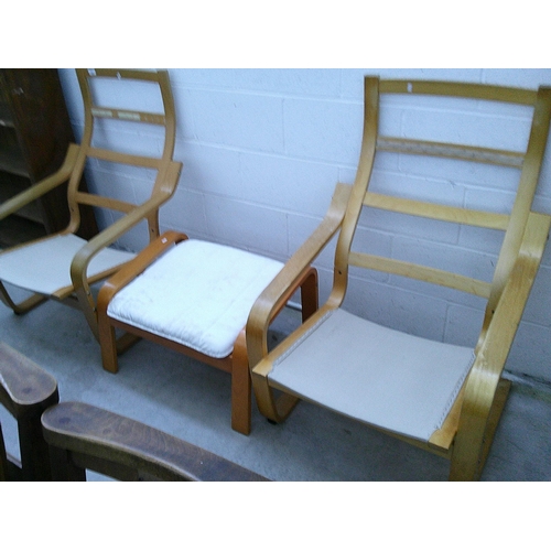 652 - A pair of wooden conservatory chair frames and a matching stool - no cushions