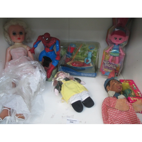 344 - Lot inc Punch puppet, Trolls toy, old dolls, etc