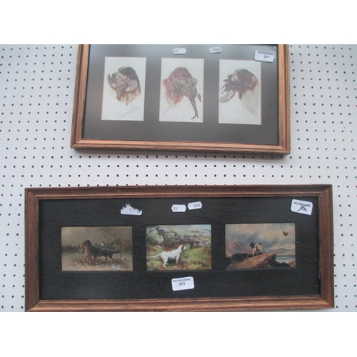 373 - Two sets of three framed vintage hunting postcards