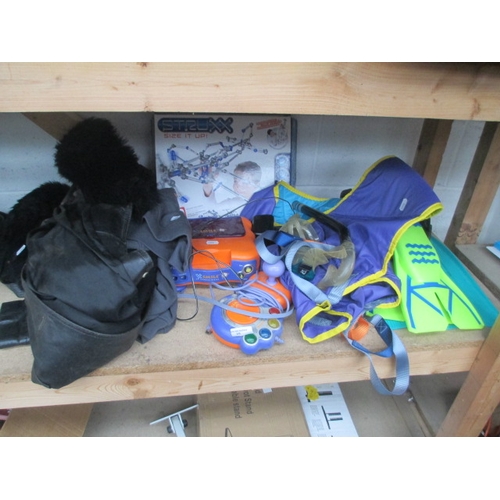 25 - Lot inc VTech smile console, flippers, leather coat size 14, etc