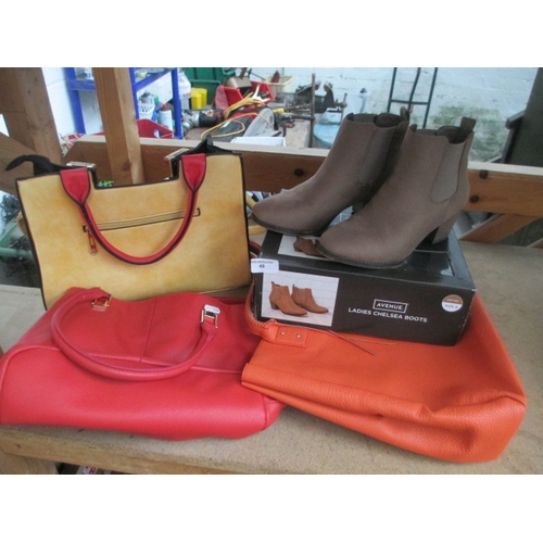 49 - Three fashionable bags and pair of size 6 boots