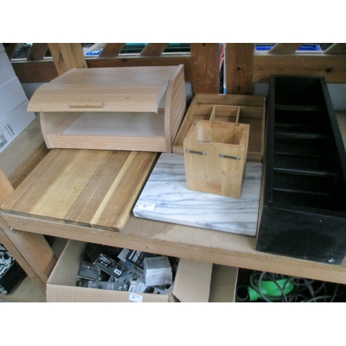 59 - Lot inc chopping boards, bread bin, shelving unit, etc