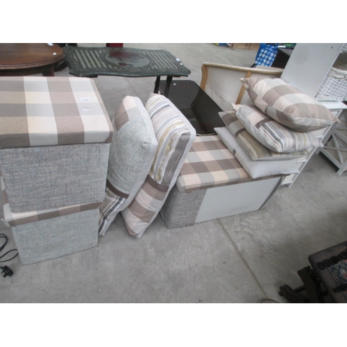 651 - 3 x matching upholstered storage box stools and 6 x cushions