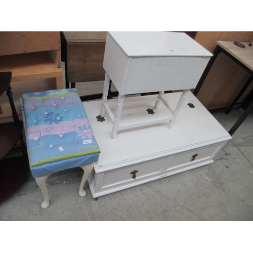 630 - An upholstered dressing table stool, a vintage painted lift top storage box and a painted sewing box