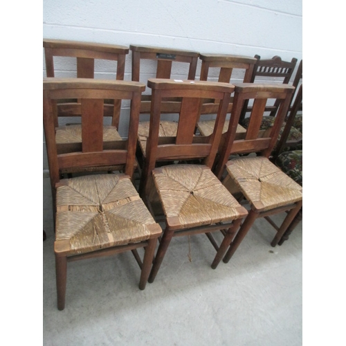 634 - A set of 6 x vintage Chapel Chairs with bible boxes and string seats