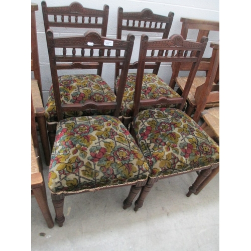 635 - A set of 4 x vintage carved mahogany chairs with upholstered seats