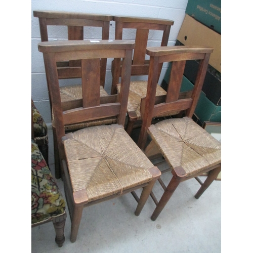 636 - A set of 4 x vintage Chapel Chairs with bible boxes and string seats