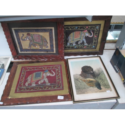 217 - Three framed elephant silks and dog hunting print