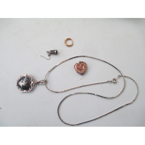 266 - Lot inc silver necklace and charm, heart shaped pendant gold front and back, etc