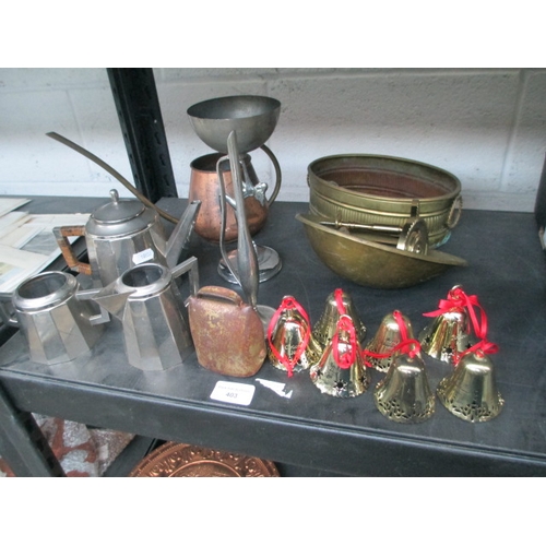 403 - Lot inc brass ware, brass Christmas bells, old tea service, etc