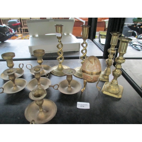 274 - Lot inc brass candlesticks, chambersticks and egg