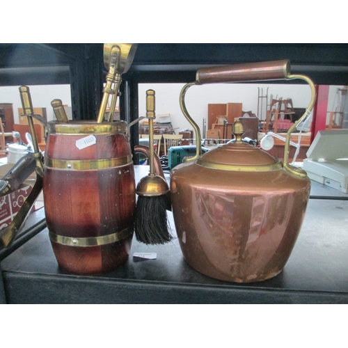 275 - Lot inc copper and brass kettle with brass and wood companion set