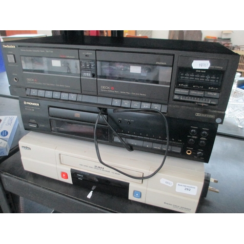 292 - Lot inc Pioneer CD player  PD-104, Technics cassette deck RS-T130 and Sanyo VHS Player. Pioneer powe... 