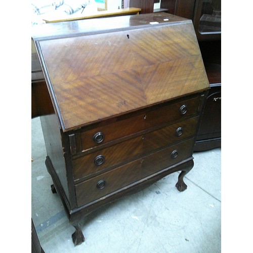 641 - A vintage fall front 3 drawer bureau on Ball & Claw feet