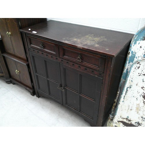 649 - A small vintage 2 drawer oak sideboard - top for refinish