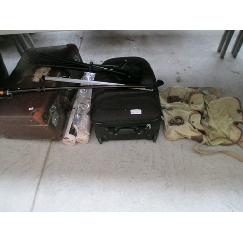 63 - 2 suitcases, ruck sack, walking stick and folding stool