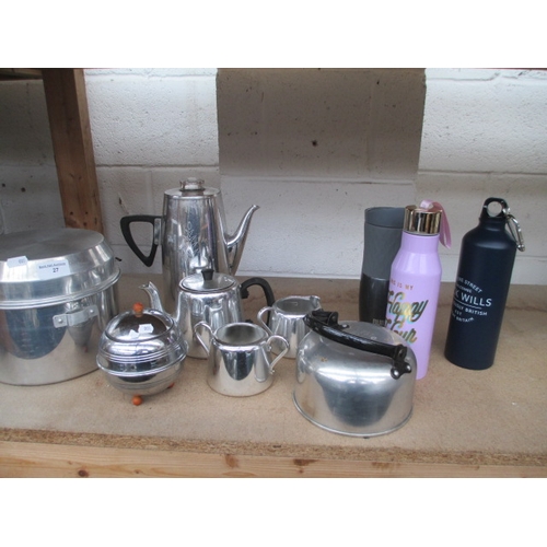 27 - Lot inc tea service, kettle, camping pot, water bottles