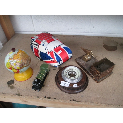 3 - Lot inc barometer, small globe, novelty cigarette dispenser, etc