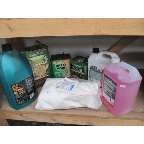 5 - Lot inc decking and fence paints, Gunk cleaning fluid, part bottle of oil, casting powder