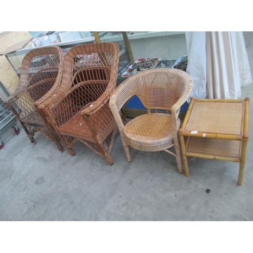 670 - 2 x large wicker armchairs and a small conservatory chair and table