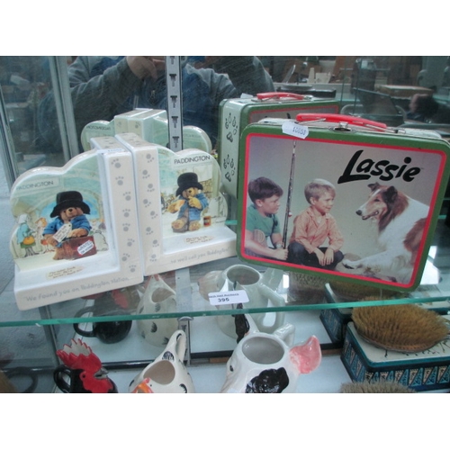 395 - Old Lassie aluminium lunch box and Paddington bear bookends