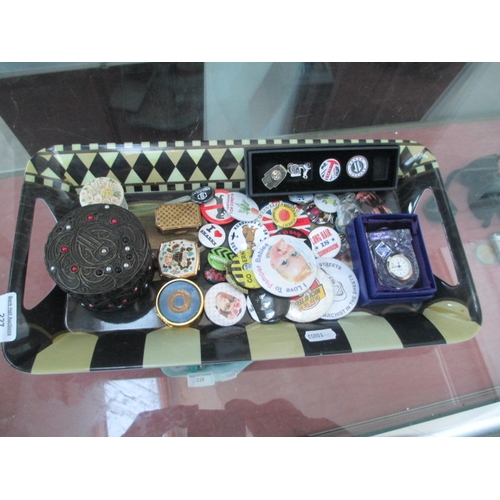 227 - Lot inc assorted badges, Stratton pill boxes, Edinburgh crystal clock, etc