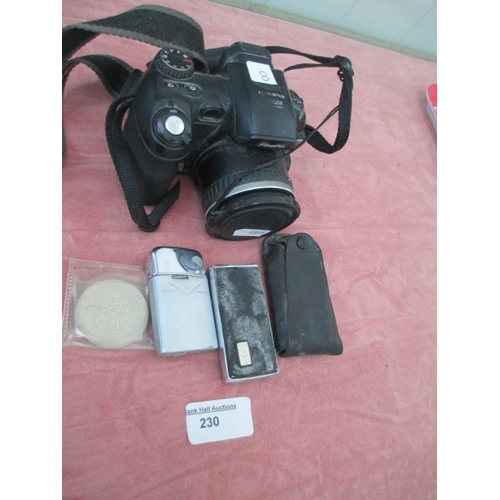 230 - Lot inc FinePix camera, two lighters and old crown