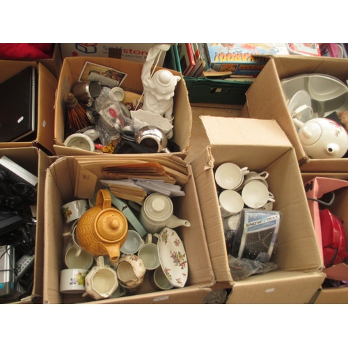 65 - Three boxes inc teapots, china cups, snow trax, mortar & pestle, etc