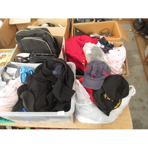 78 - Four boxes inc clothing, hats, handbags