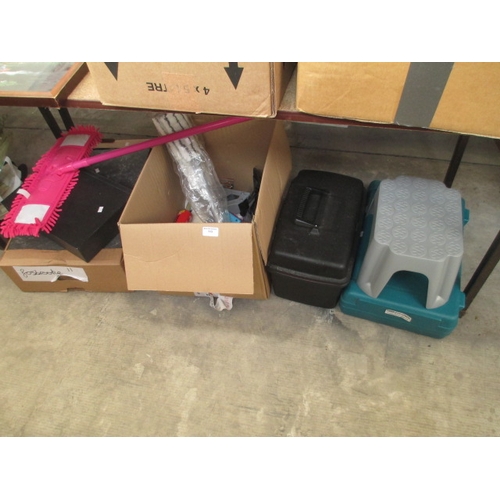 113 - Lot inc tool box, file boxes, plastic stool, mops, washing line, etc